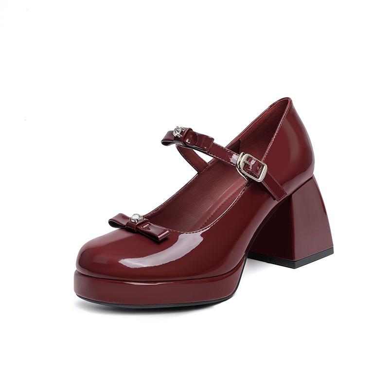 Mary Jane High Heels Thick Heel Engagement Shoes Waterproof Table Bow Word Strap Single Shoes