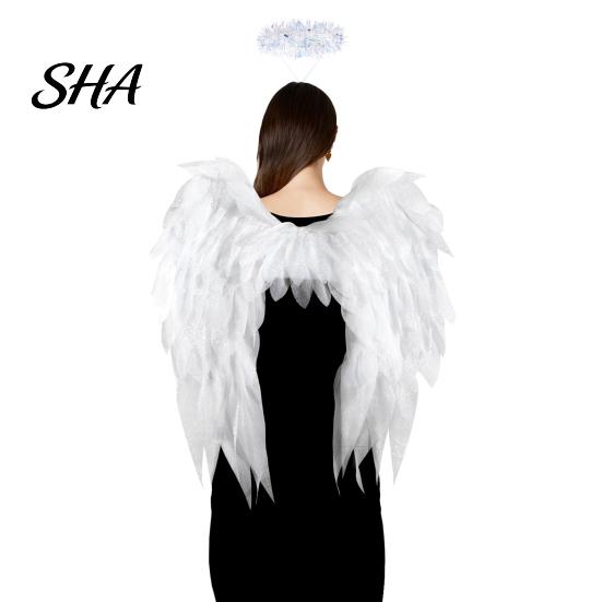 Black Fallen Angel Wings Feather Wing for Women Girls, Soft Organza Costume Accessory Elastic Strap with Headband Photo Booth, Halloween Cosplay