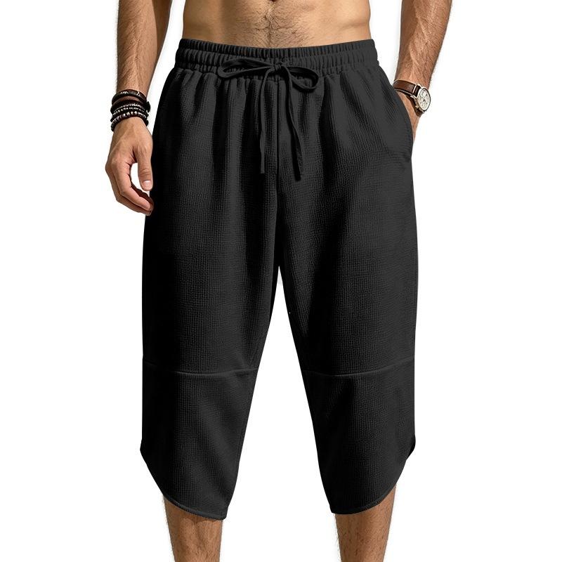 Mens Summer Beach Casual Waffle Knit Loose 3 4 Shorts