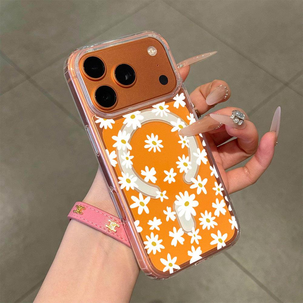 Japan and South Korea popular small daisy transparent mobile phone case magnetic wireless charging compatible with Apple 17PRO anti-drop protective