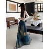 American Retro Plus Size Ripped Denim Midi Skirt for Women - High Waist, Slimming, Niche Design