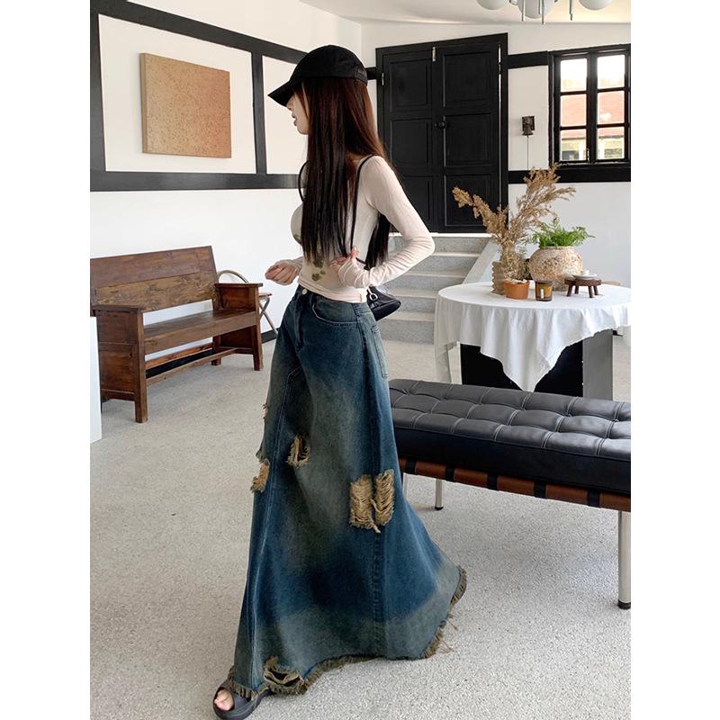 American Retro Plus Size Ripped Denim Midi Skirt for Women - High Waist, Slimming, Niche Design