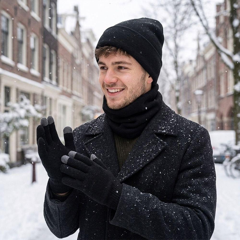 3Pcs/Set Warm Winter Hat Scarf Gloves Set Thicken Touchscreen Gloves  for Men Women