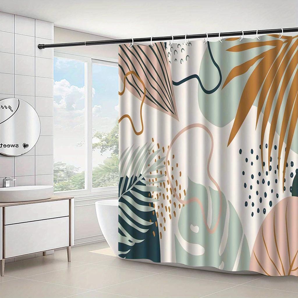 1 piece of fresh and simple leaf geometric pattern shower curtain, polyester fabric, machine washable, suitable for bathroom