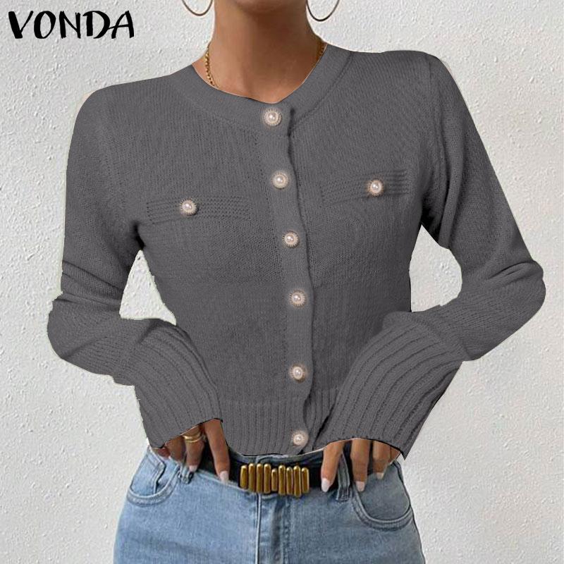 VONDA Women Autumn Round Neck Long Sleeve Pearl Button Cardigans