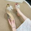 Fashion Plus Size High Heel Slippers Women's Wedge Round Toe Open Toe Crystal Bow One-Line Non-Slip Sheer Sandals Summer New
