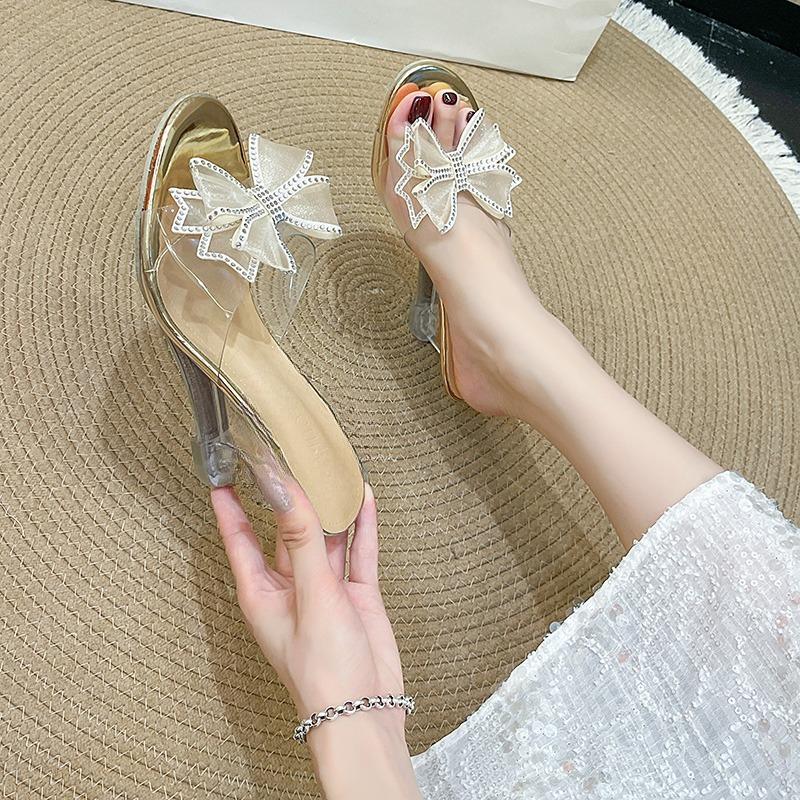 Fashion Plus Size High Heel Slippers Women's Wedge Round Toe Open Toe Crystal Bow One-Line Non-Slip Sheer Sandals Summer New