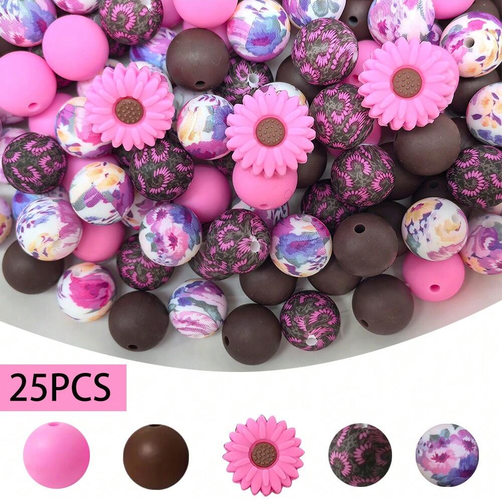 25PCS daisy and floral printed silicone bead set, punk style, suitable for DIY keychains, bracelets, bead pens