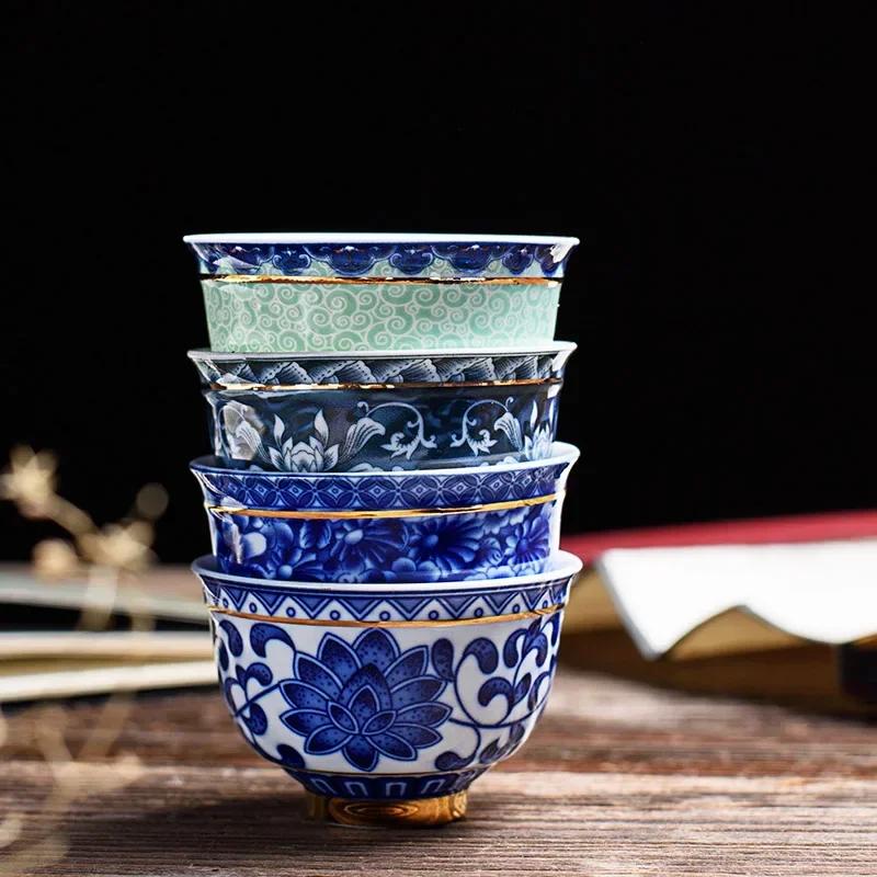 Blue White Porcelain Tea Cup - Vintage Ceramic Master Cup with Gold Trim, Chinese Kungfu Tea Set, Small Tea Bowl