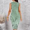 Women Plus Size Sleeveless Round Neck Midi Bodycon Dress Green Vintage Ornate Floral Scroll Print Slim Fit Dress
