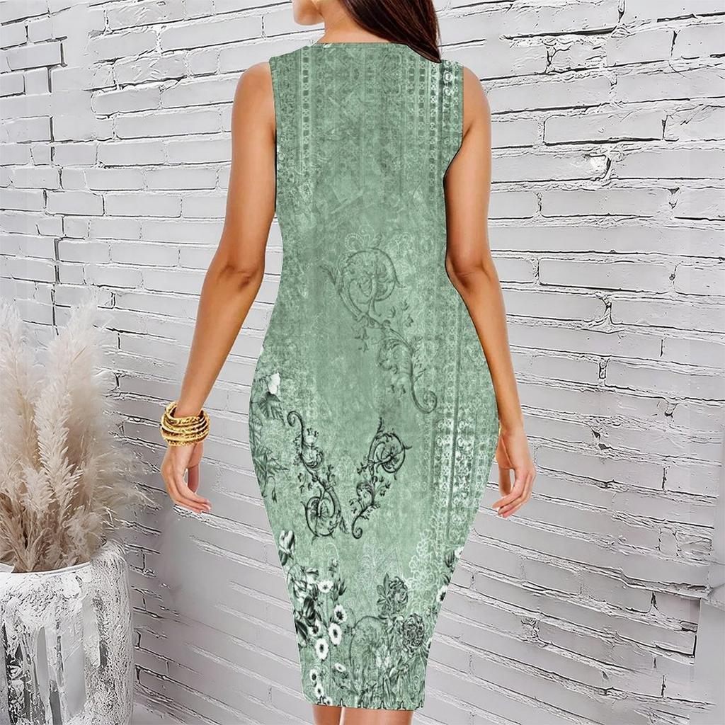 Women Plus Size Sleeveless Round Neck Midi Bodycon Dress Green Vintage Ornate Floral Scroll Print Slim Fit Dress
