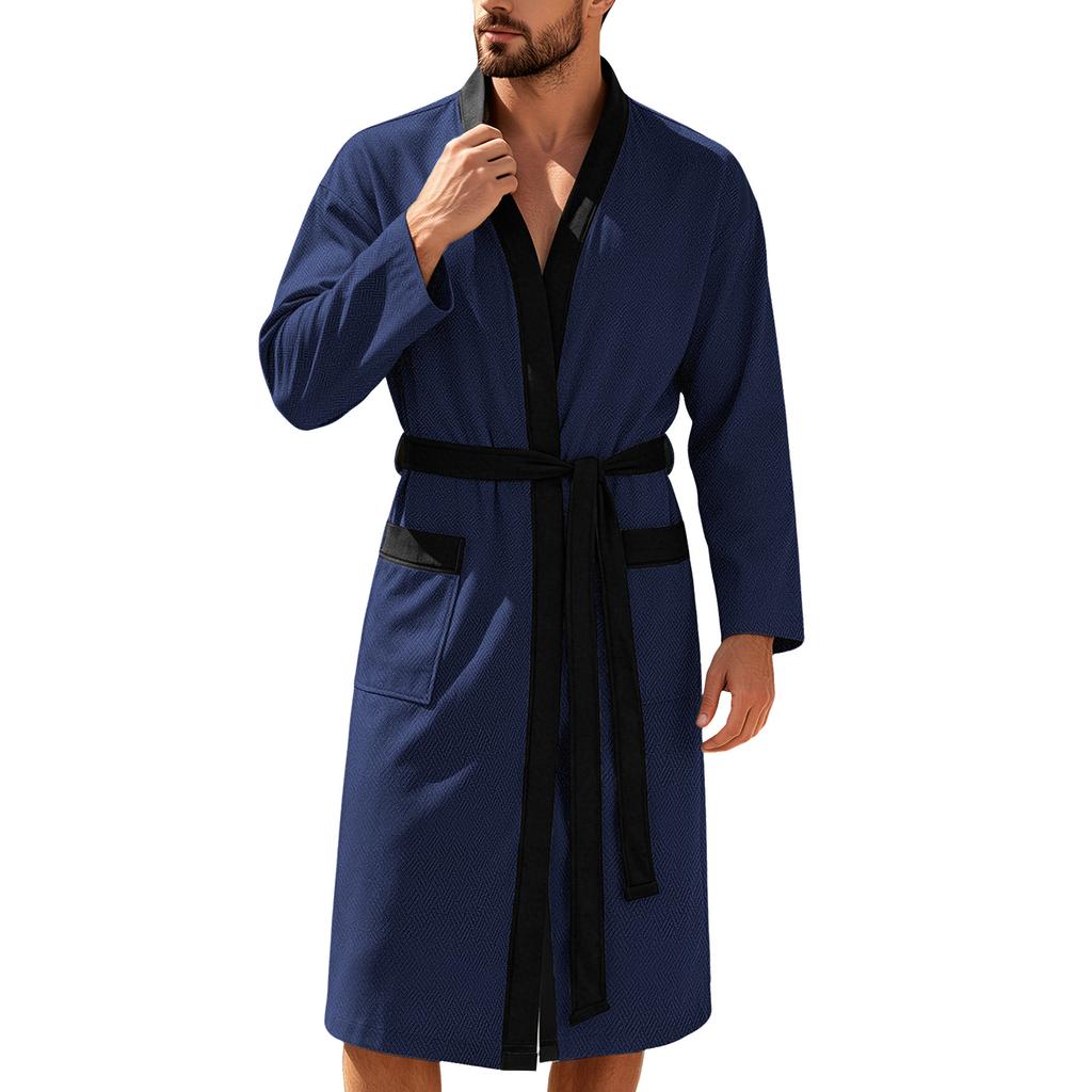 Heren Lange Twill Zachte Effen Taille Geband Casual Loungewear Badjas met Afwerking en Zakken voor Thuis of Vakantie