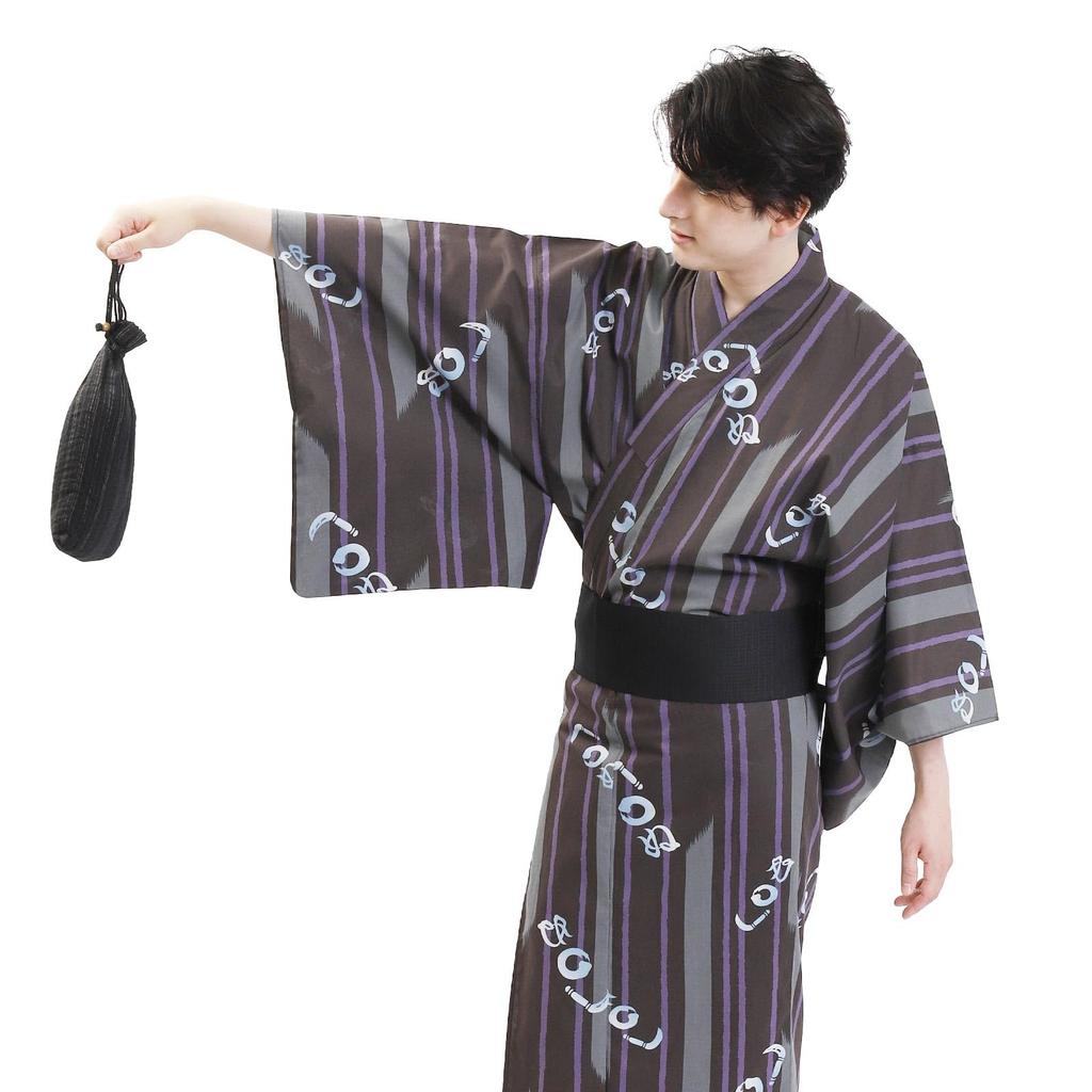 Fuuka Yukata and Obi Set Size Black and Kamawanu Made In B252 Men's (2 Pieces), Small, Purple, (Obi, Japan, Brown)