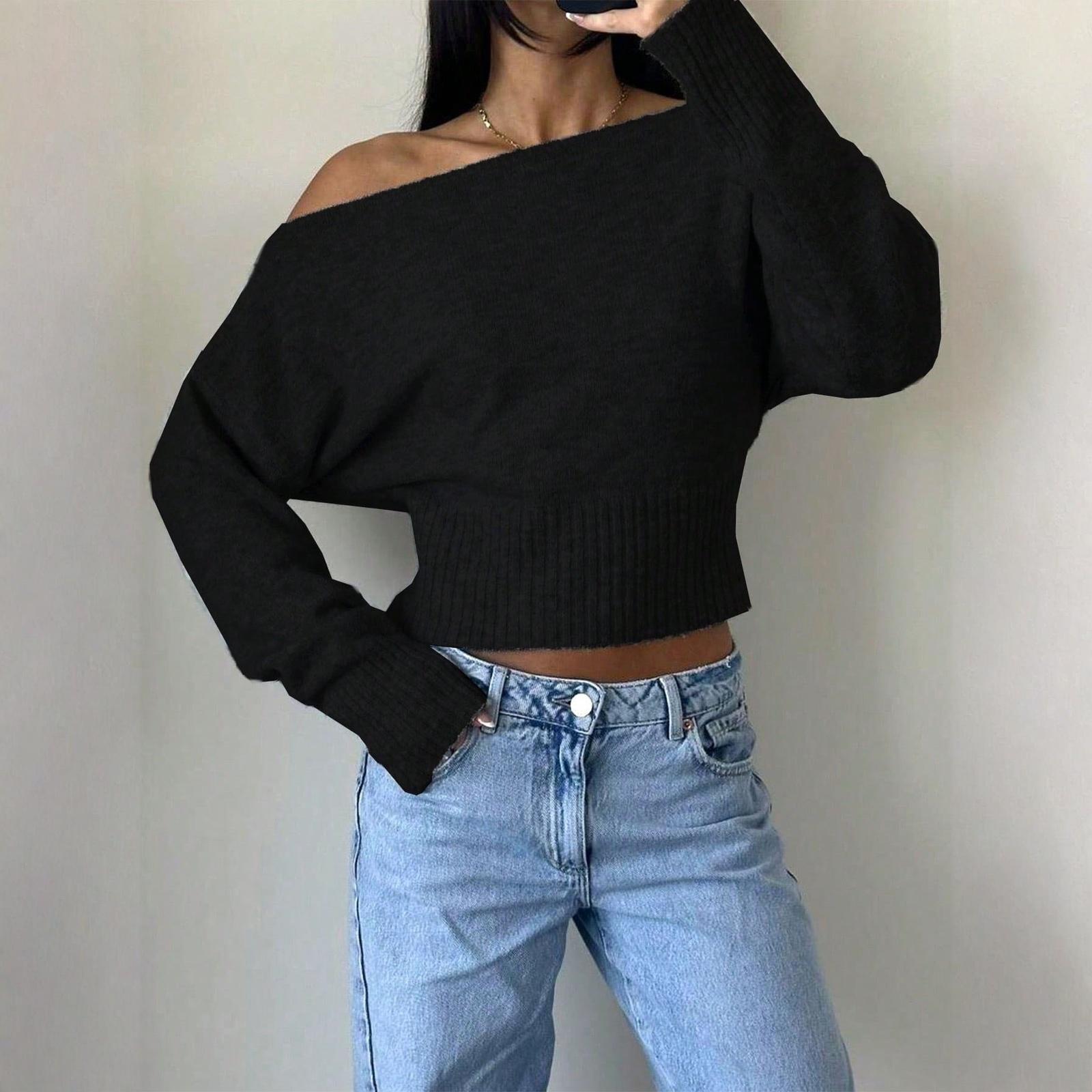

Women s Casual Fashion Off-Shoulder Solid Color Short High-Waisted Slimming Sweater L