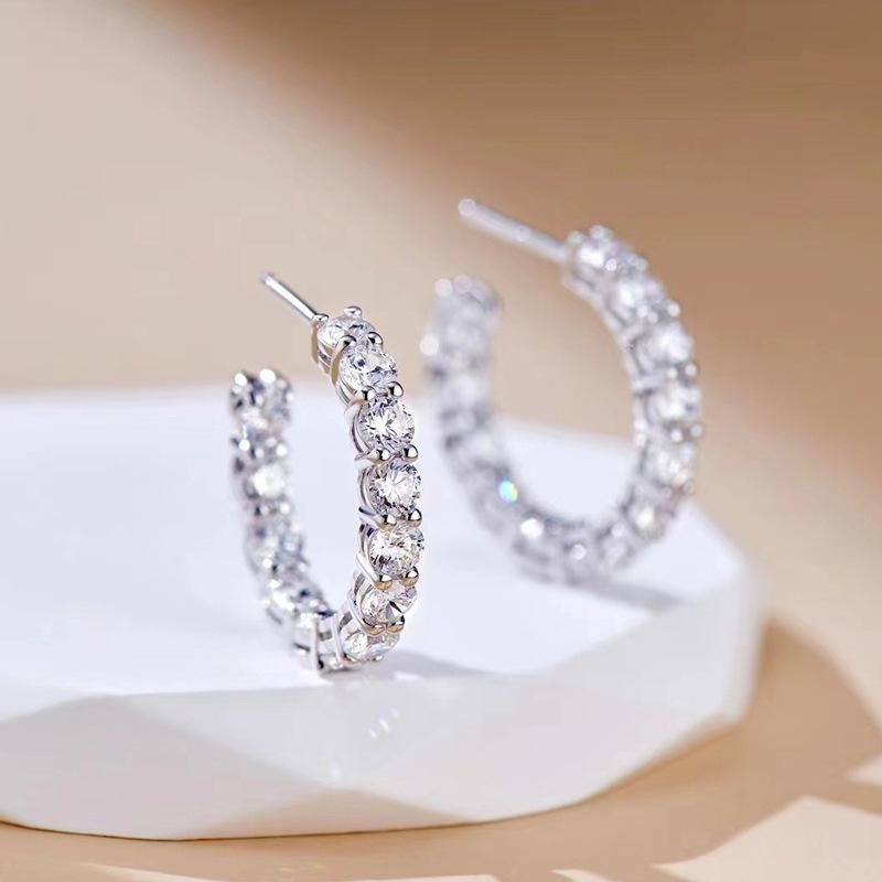 Silver Tone Pave Set C Shaped Huggie Hoop Earrings for Women Sparkling All Around Stone Daily Wear Earrings Jewelry