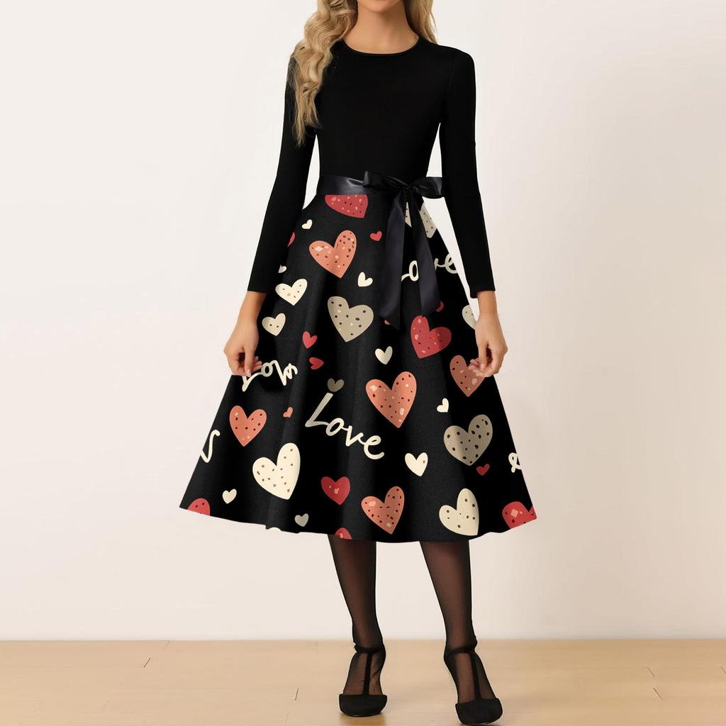 Women's Casual Fashion Round Neck Valentine's Day Printed Retro Dress