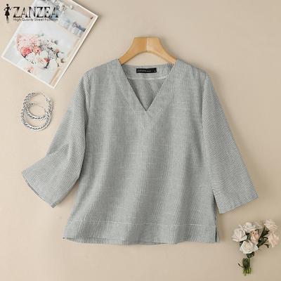 Women V-Neck Loose Casual 3/4 Sleeve Stripe Blouse