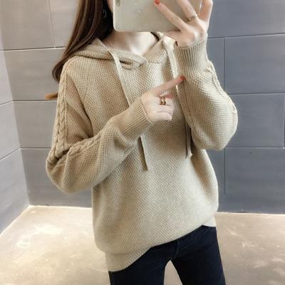 Sweter z kapturem damski jesień/zima nowy koreański sweter luźny rękaw jednolity uniwersalny sweter z dzianiny sweter damski