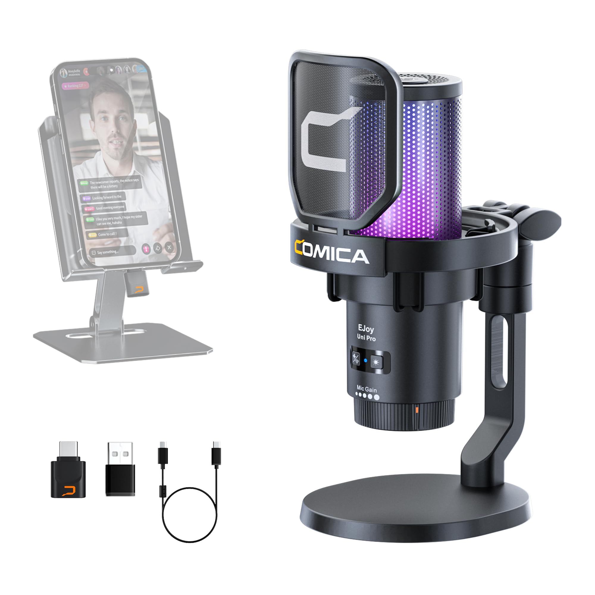 

COMICA EJoy Uni Pro Wireless USB Condenser Microphone for RGB Noise Web and Content Compatible with and Innovation (Black) Gaming, Unidirectional,
