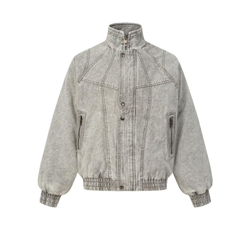 Magic Bear 2026 Winter Washed Distressed Cotton Padded Jacket Couple Streetwear Loose Fit Stand Collar Zip Up