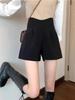 Women's Black Woolen High-Waist Wide-Leg Shorts - Petite Slim Fit Casual Suit for Spring