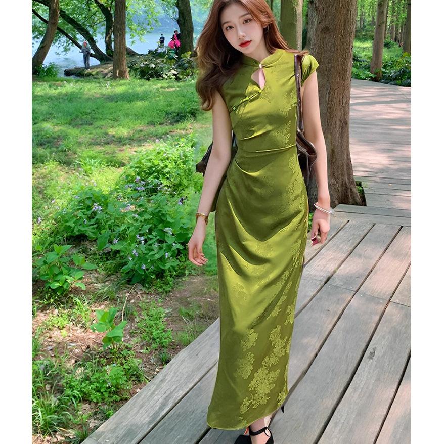 New Chinese-style printed improved cheongsam, young thin and white split-ended long dress, women's summer