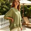 Women Fringe Shirt Solid Color with Tassels, O Neck Half Sleeve Casual Loose Fit T-shirt Blouses, Autumn Top