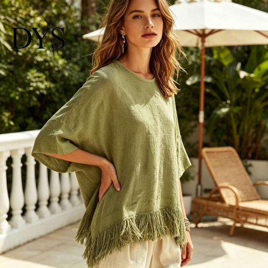 Women Fringe Shirt Solid Color with Tassels, O Neck Half Sleeve Casual Loose Fit T-shirt Blouses, Autumn Top