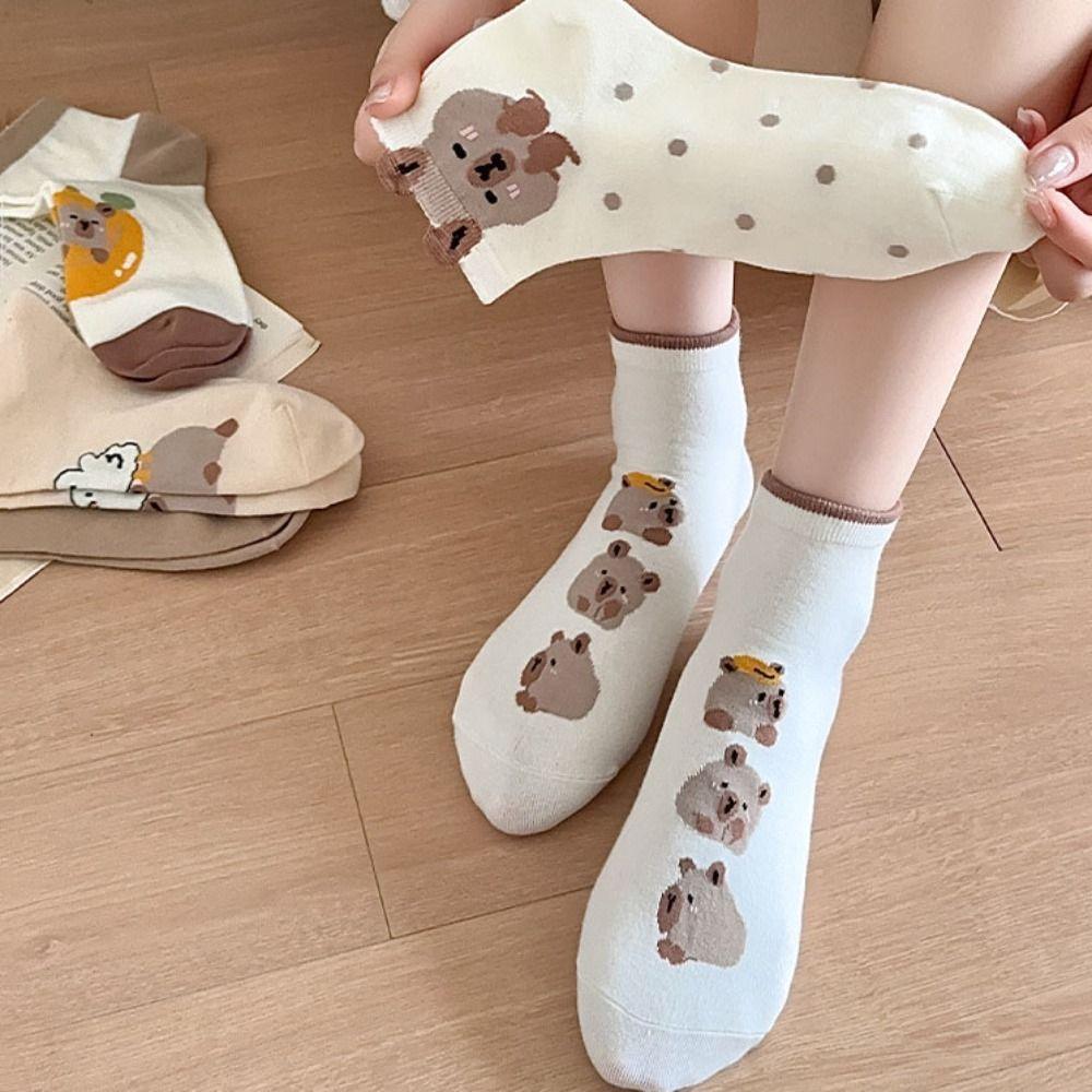 5Pairs Dot Capybara Socks Cartoon Socks Women Fashion Capybara Mid-tube Socks  Women