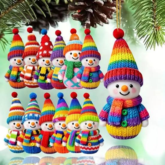 Wooden Snowman Ornaments Colorful Snowman Figurines with Pom-Pom Hats Christmas Tree Festive Holiday Decoration