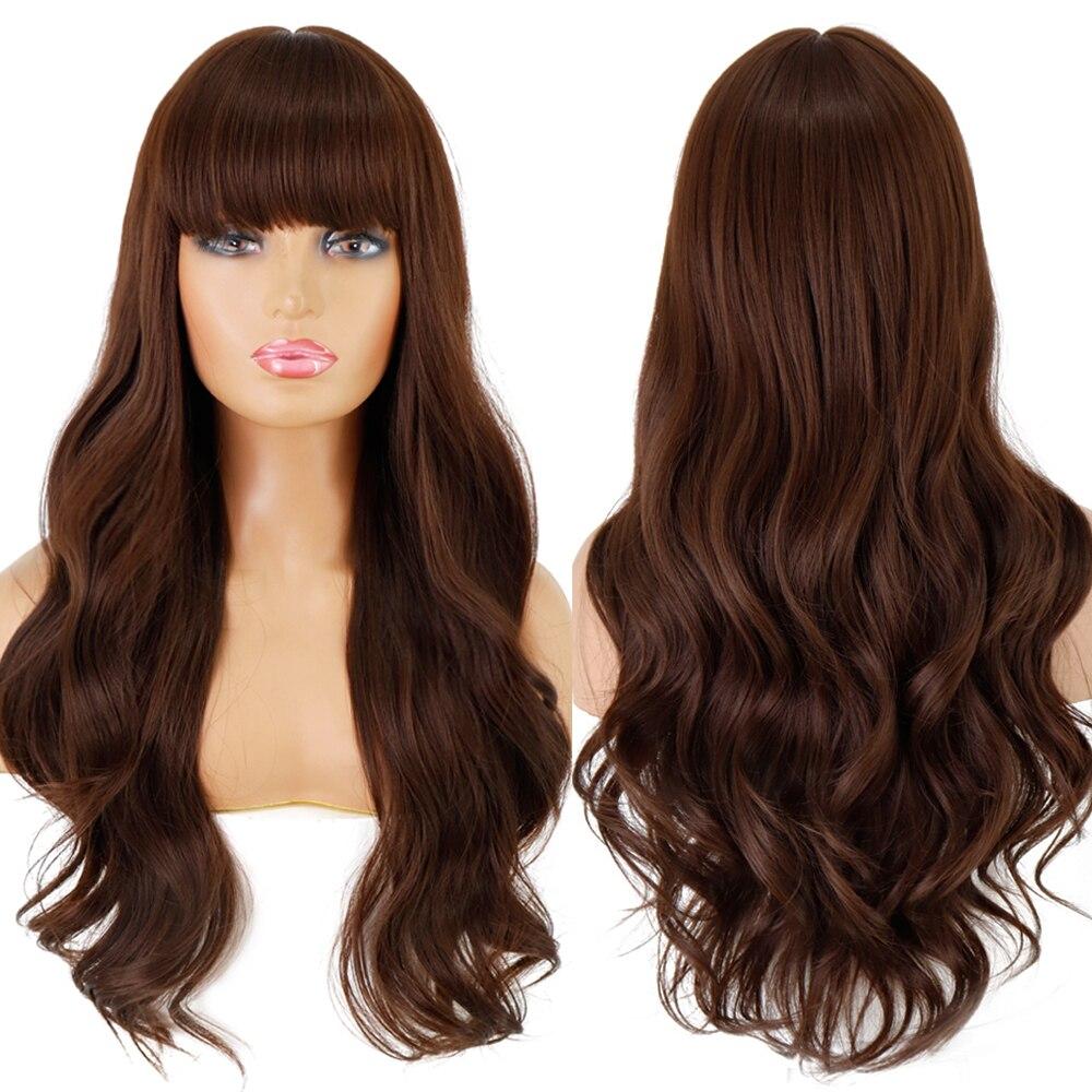 MERISIHAIR Long Dark Brown Women's Wigs with Bangs Water Wave Heat Resistant Synthetic Wigs for Black Women African American Hair