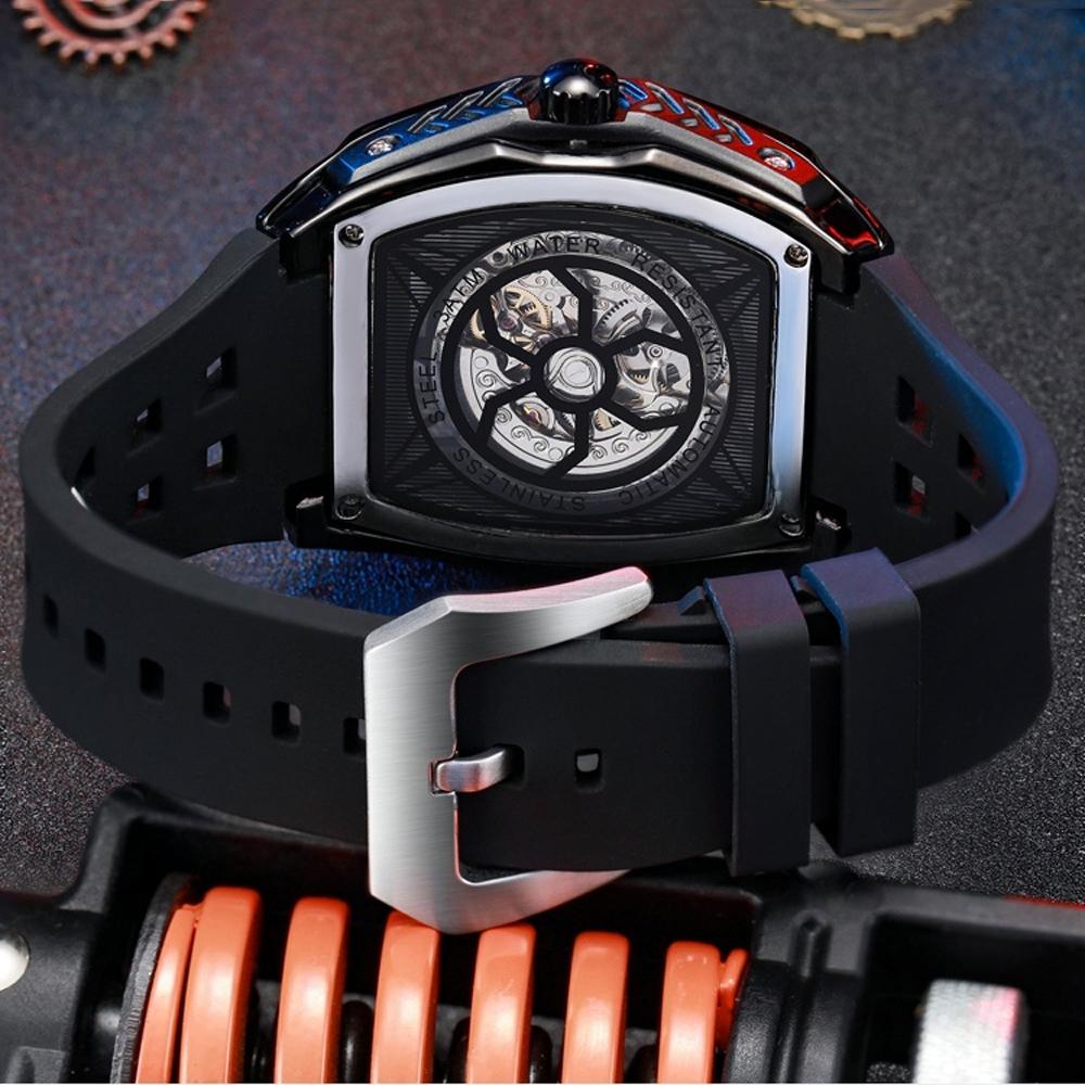 Dulunwe Tonneau Sports Men's Tourbillon Watches Starry Moon Phases Hollow Out Automatic Mechanical Watch Rubber Strap Luminous Wristwatch