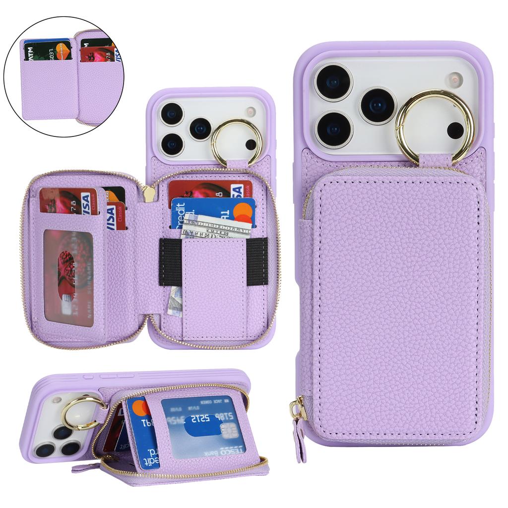 Custodia per Telefono in Pelle con Cerniera e Anello Antiscivolo con Motivo Litchi per iPhone 17 Pro Max 16 Plus 15 14 13 12 Cover a Borsa Antiurto