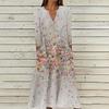 Women's Summer Casual V-Neck Button Retro Geometric Print Three-quarter Sleeve Long Dress With Pockets