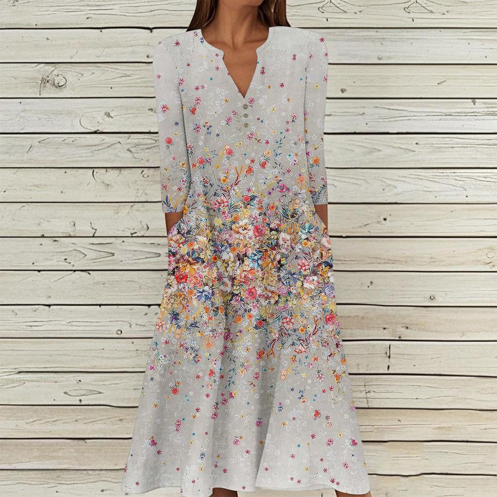 Women's Summer Casual V-Neck Button Retro Geometric Print Three-quarter Sleeve Long Dress With Pockets