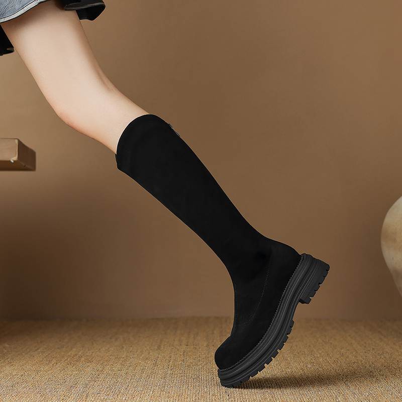 Krazing Pot Flock Autumn Winter Shoes Thick Med Heels Flat Platform Size 43 Modern Boots Stretch Knee Boots