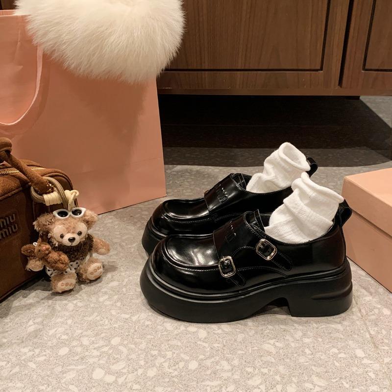 

~ A miu double buckle with round head and velvet platform loafer small leather shoes single shoes for women 35 чёрный