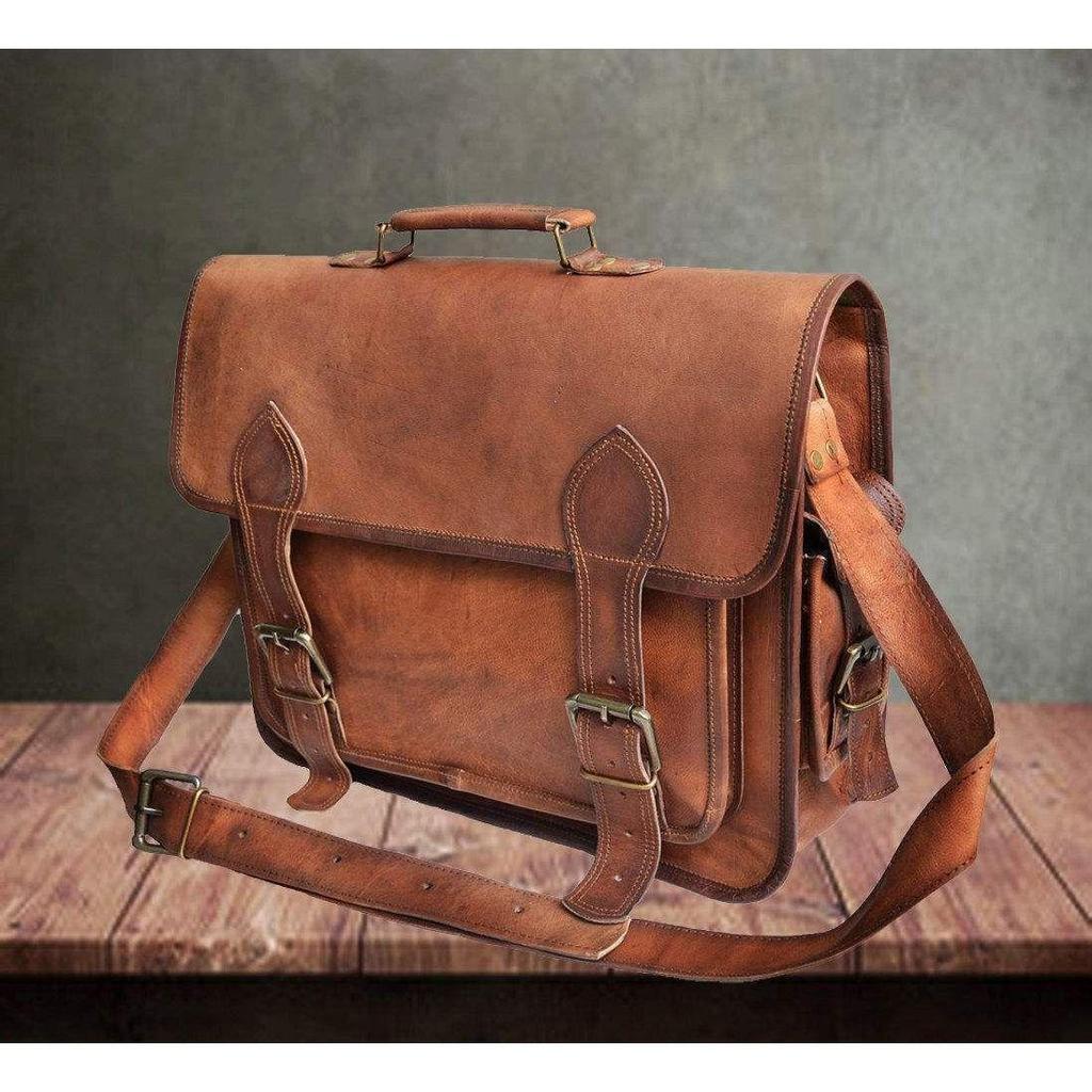 Nya män äkta getläder Vintage Brun Messenger Shoulder Laptopväska Portfölj