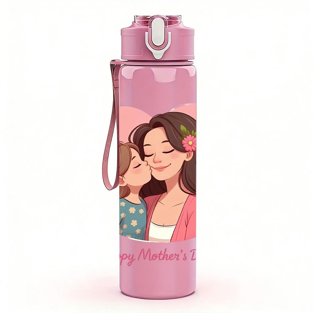 1PC Happy Mothers Day Heart Family Pattern 750ml Color Plastic Sports Water Bottle Leakproof Flip Straw Lid Suitable for Sports Office Home Use