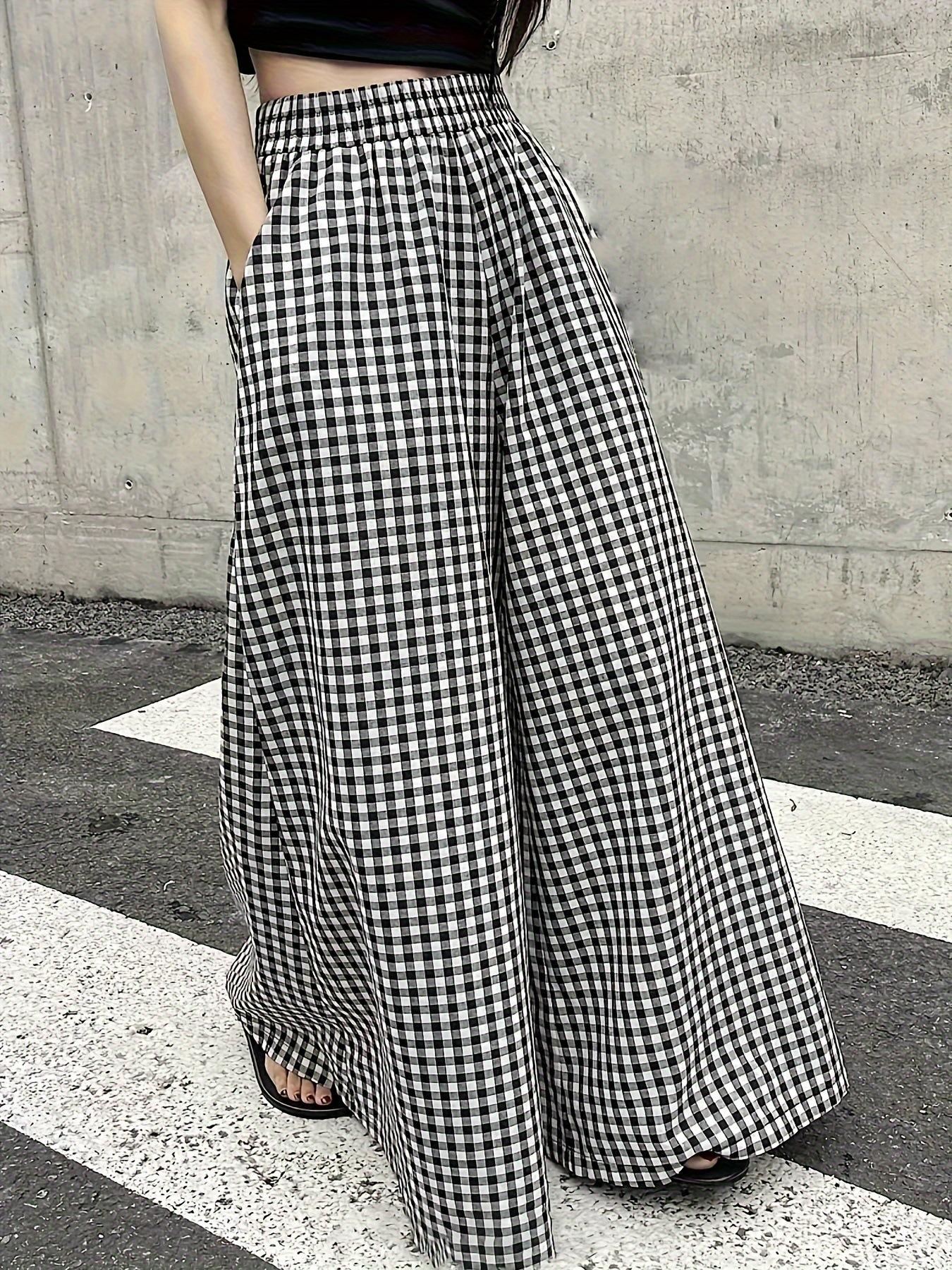 Women S High Waist Plaid Wide Leg Casual Summer Pants S