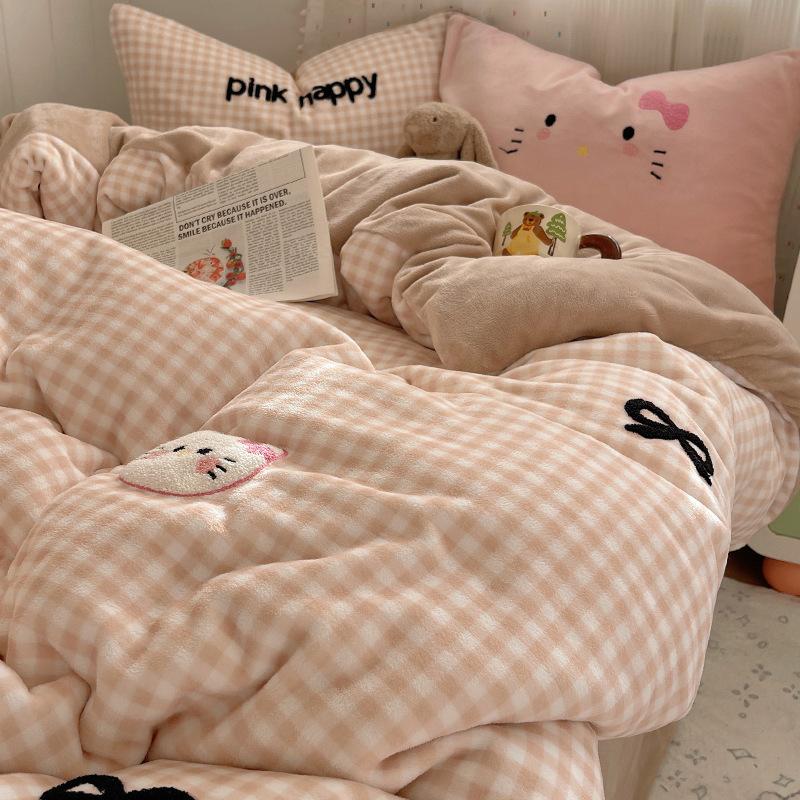 Thickened Milk Fleece Bed Four-Piece Set Fleece Quilt Cover Bed Sheet Coral Flannel Children'S Cartoon Bedding