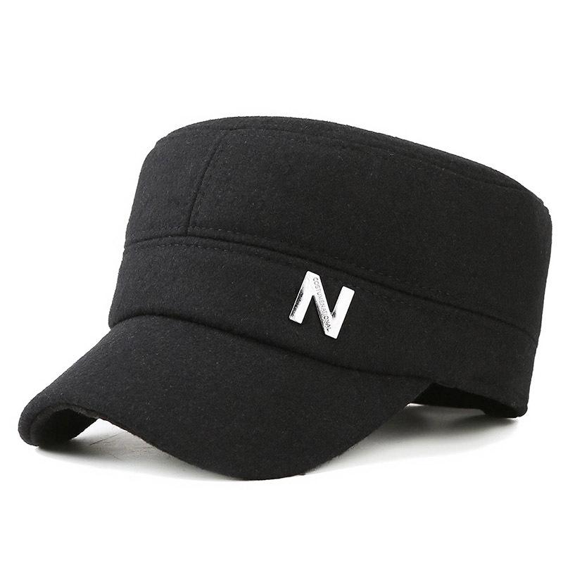 Autumn and winter new men's winter middle-aged flat-top hat, ear protectors to keep warm, elderly people with alphabet woolen thickened dad hat