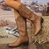 Embroidery Stars Cowboy Boots for Women Autumn Winter 2024 Slip On Chunky Heels Knee High Boots Woman Pointed Toe Western Boots