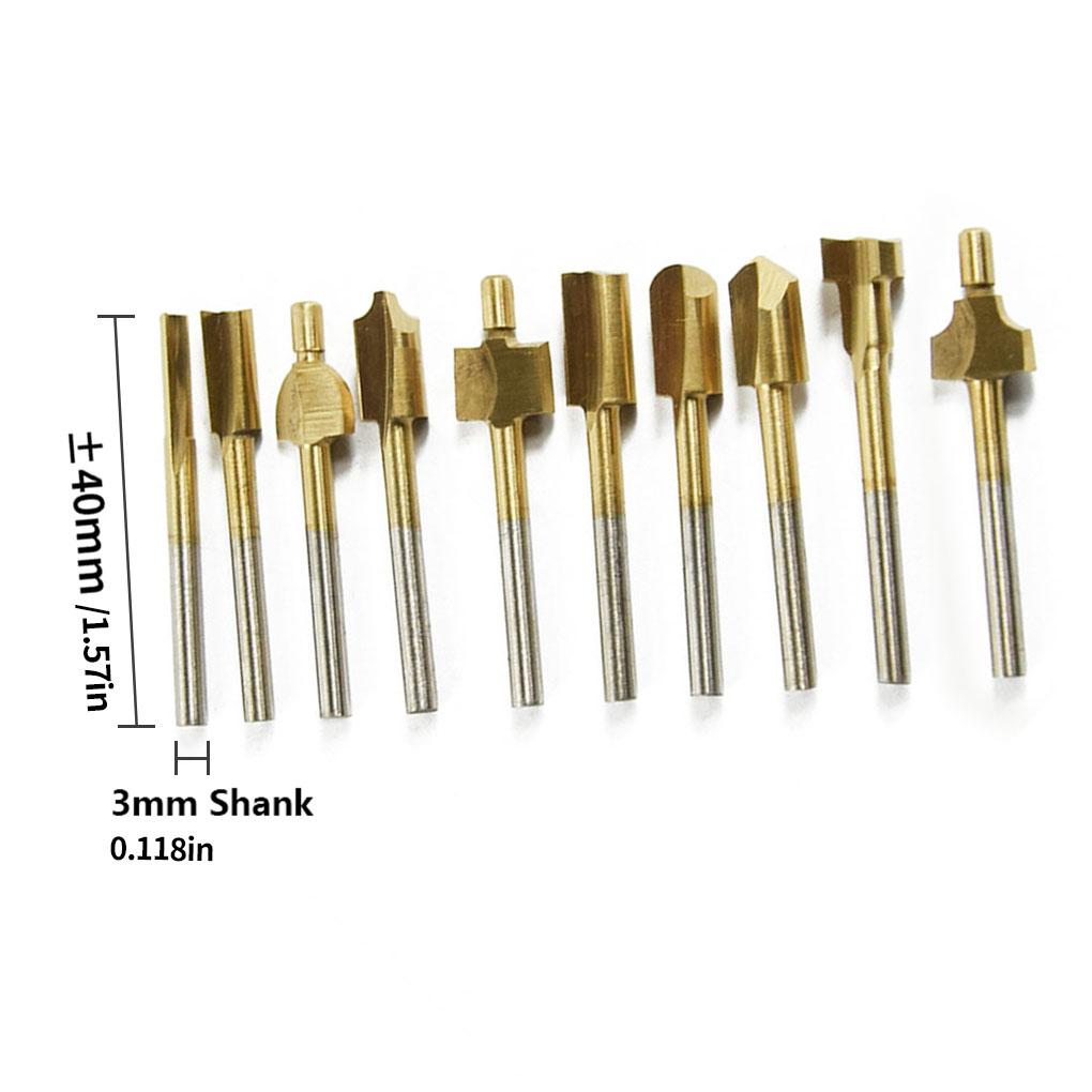 10pcs Set Box 3mm HSS Titanium Router Bits Wood Milling Fits Rotary Tool Engraving Machine Sharpening Slot