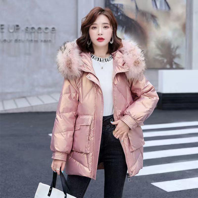 Damska kurtka płaszcz zimowy futrzany kołnierz z kapturem błyszczący płaszcz damski bawełniany ocieplany parka wodoodporna odzież wierzchnia