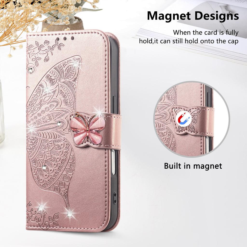 For iPhone 17 Pro Case 3D Rhinestone Decor Butterfly Flower Leather Phone Cover with Wrist Strap