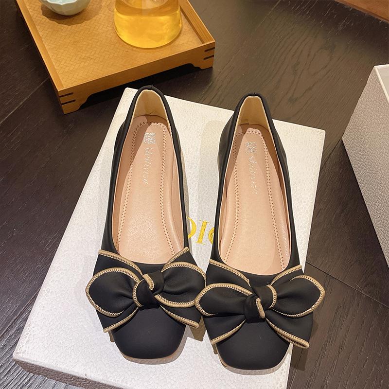 New Popular Fairy Style French Bow Beanie Shoes Women's Shallow Mouth Single Shoes Low Heel Shoes Ladyshoes Grandma Shoes