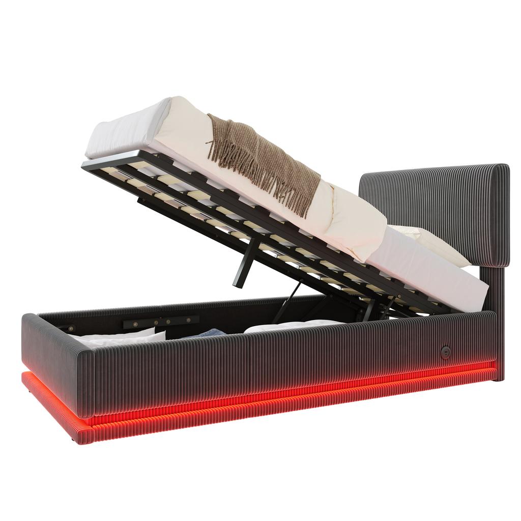Modern Upholstered Beds with LED Lighting, USB-C Charging, Height-Adjustable Headboard, Corduroy, Slatted Frame, Under-Bed Storage.90*200 Gray