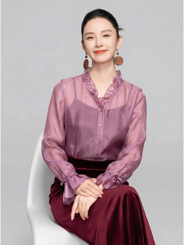 Zhi Hetang Retro Silk V-Neck Ruffled Long-Sleeve Blouse