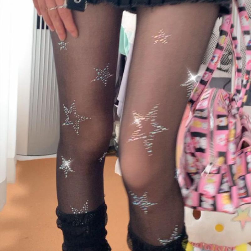 Black White Transparent Diamond Star Printed Tights Rhinestone Bling Sexy Women Thigh High Stockings JK Lolita Cosplay Pantyhose